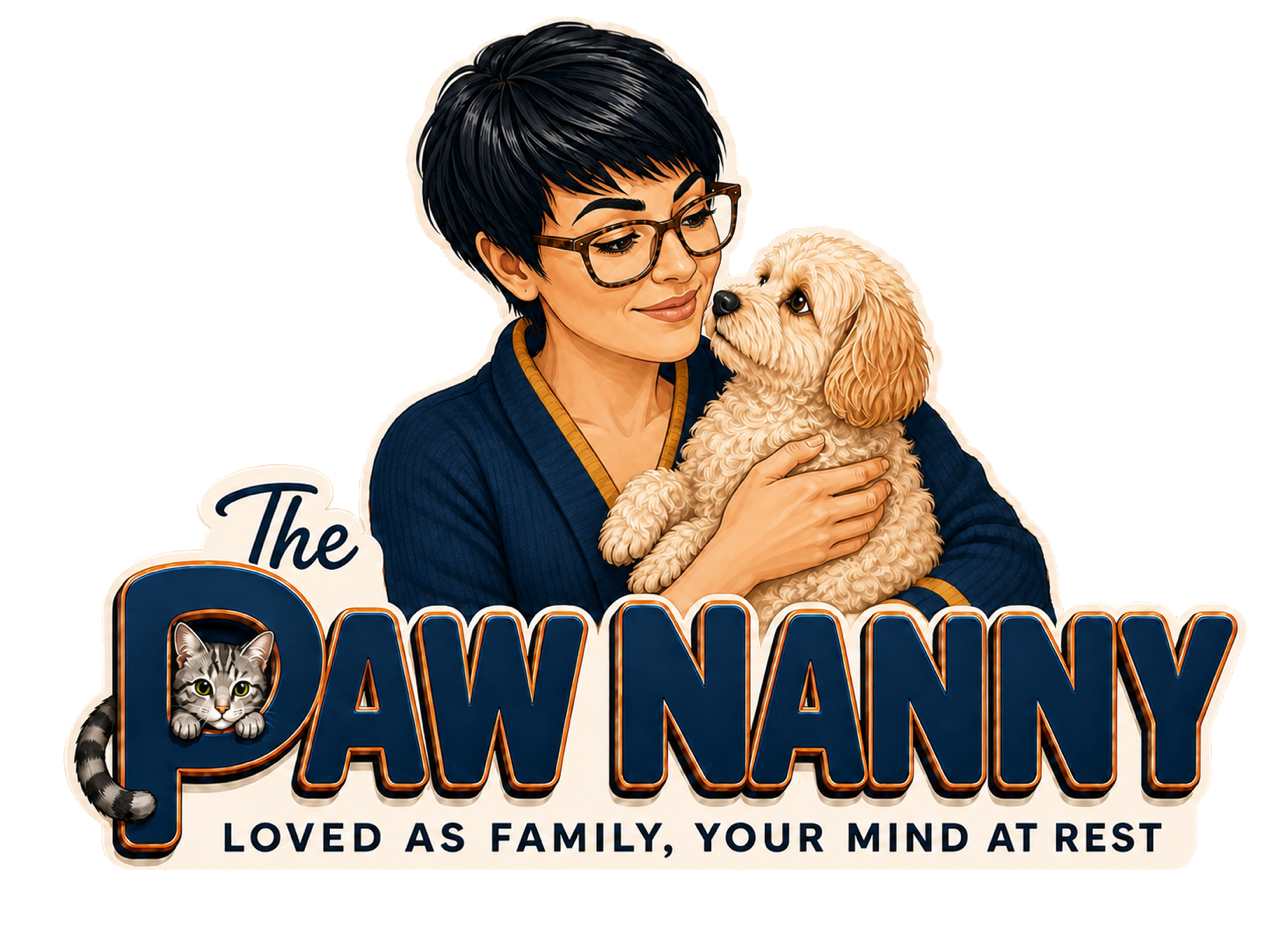 The Paw Nanny smiling warmly at a small dog, with a cat nestled in the logo